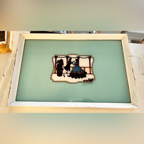 Vintage J. Jensen Foil Art Glass and Wood Tray - Picture 5 of 14